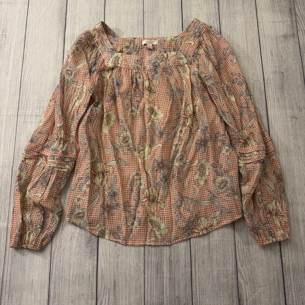 LC Lauren Conrad‎ Women's Coral Gingham Floral Pheasant Long Sleeve Size Small
